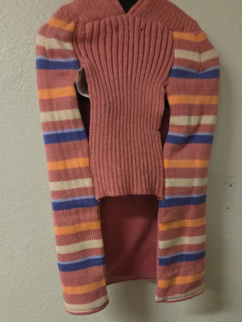 Striped Knit Pom-Pom Hooded Neck Warmer in Rose, Peach & Blue